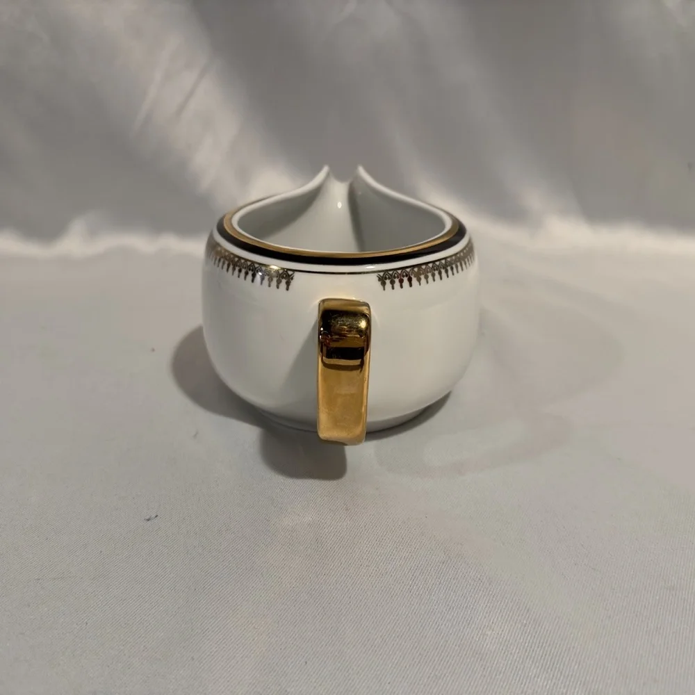 Chodziez Poland Porcelain Creamer Milk Pitcher Black Gold Band Filigree